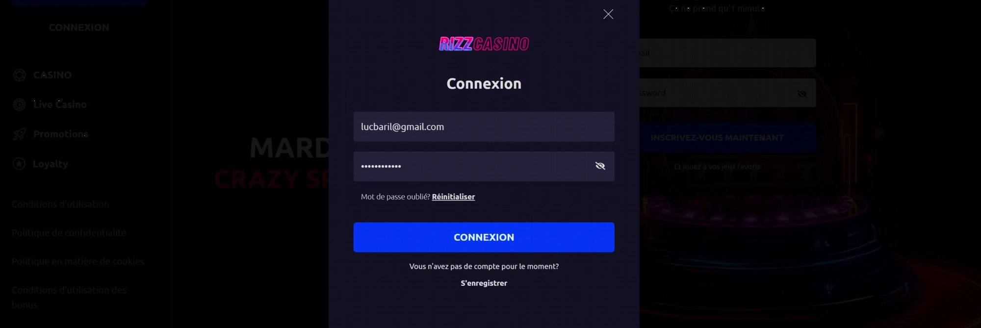 Page de connexion Rizz Casino